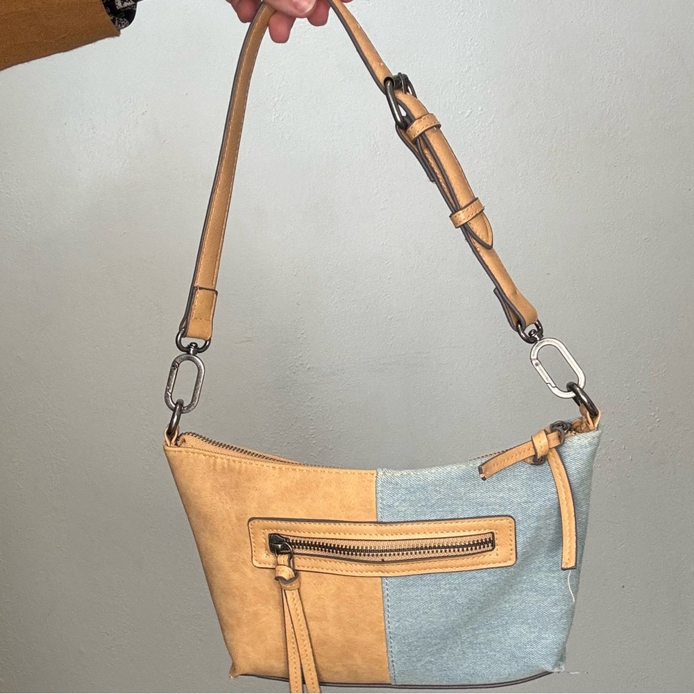Handbag Purse Denim & Honey Tan Faux Leather Shoulder Bag Tan Interior Strap Y2K